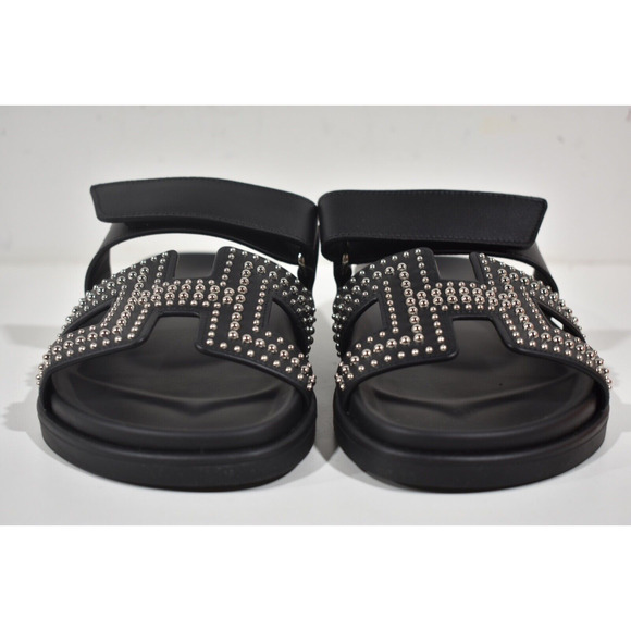 Hermes Chypre Sandal Black Silver Studded Stud H Logo Slide Slip On Flat 37.5 - Picture 5 of 12